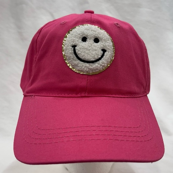 Fuzzy White Smiley Face Pink Cap Adjustable Hook & Loop Strapback - Picture 1 of 8